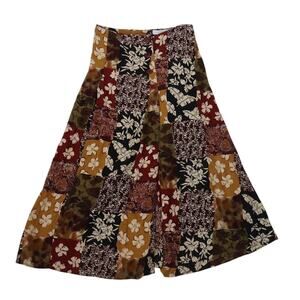 Vintage 90s The Limited Patchwork Floral Midi Skirt Burgundy Mustard